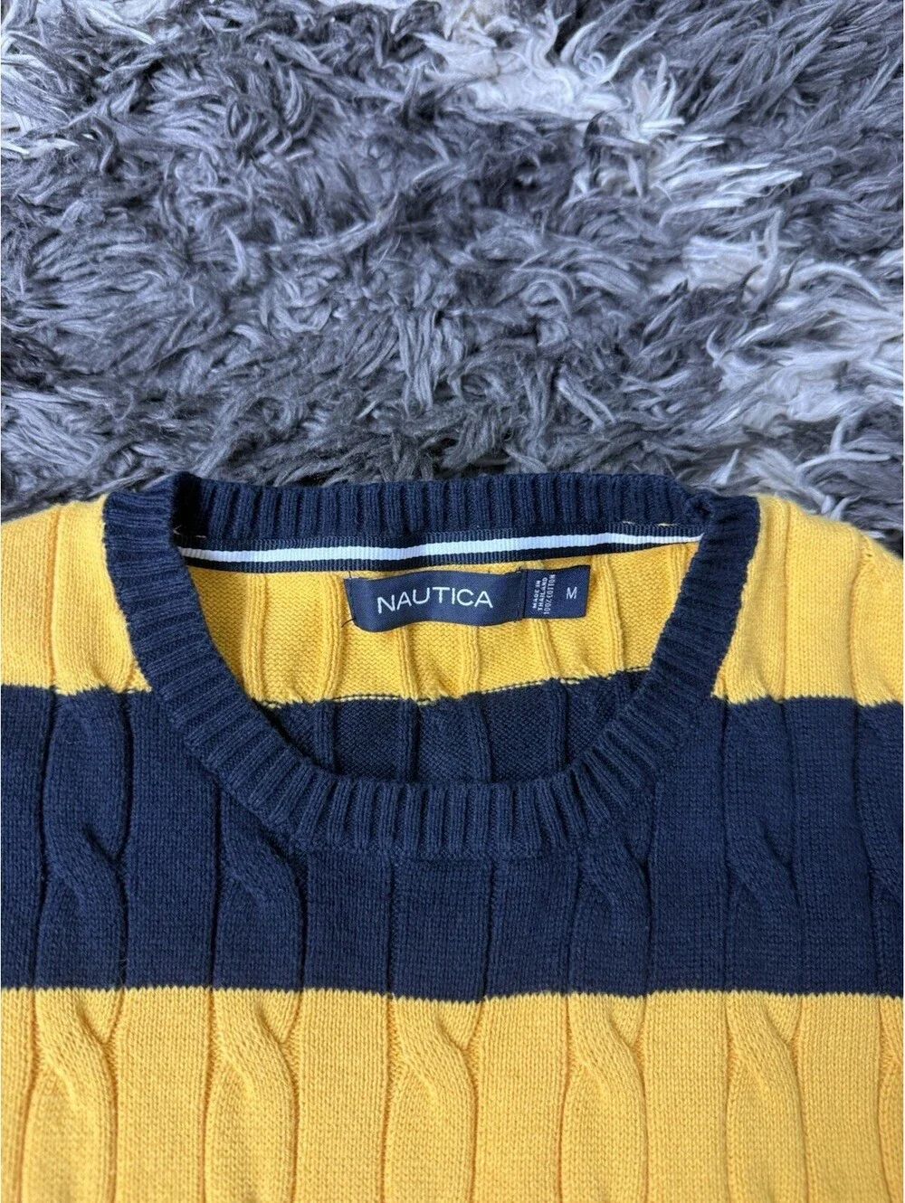 Nautica Men Medium Cable Knit Sweater Yellow Blue Striped Medium Crewneck
